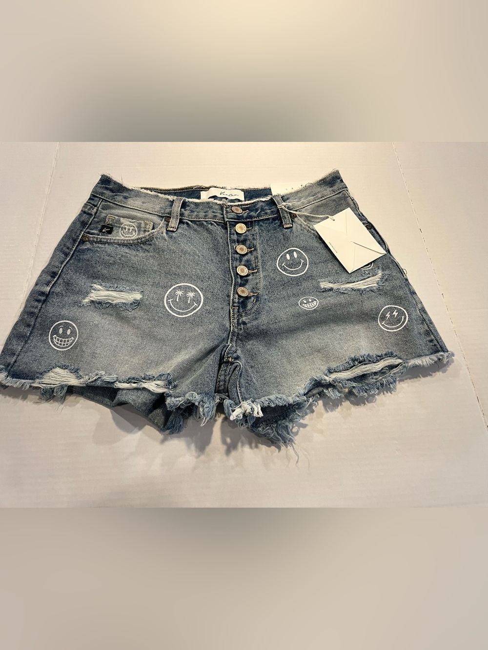 KanCan  Smiley face Light Blue Denim Smiley Button-Fly Shorts